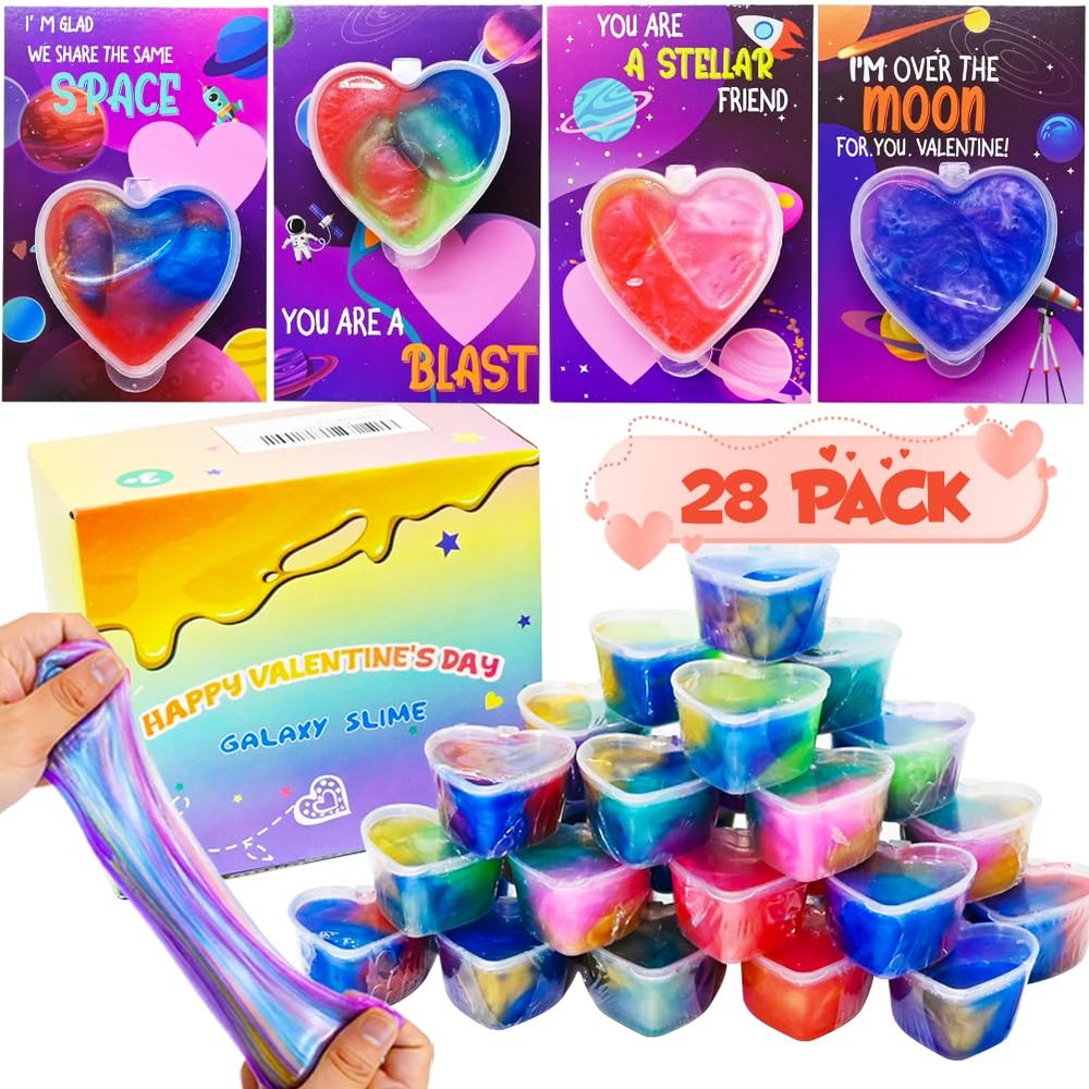 28 Pack Valentine's Day Cards for Kid with Galaxy Slimes, Heart Valentine Slime Stress Relief for Kids Boys Girls Classroom School Exchange Birthday Gifts Game Prizes