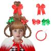 ColorGround Children's Brown Braided Costume Wig with Red and Green Polka Dot Bows and Red Bead Necklace for Christmas Celebration Party view 1
