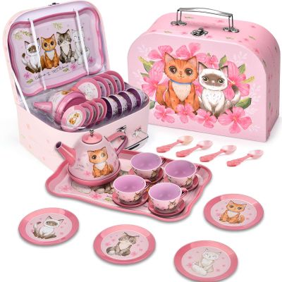 Lajeje Cat Tea Party Set for Little Girls - 19pcs Pretend Play Toy, Birthday Gift for Toddlers Ages 3 4 5 6 Year Old, Includes Kitten Tin Tea Set, and Carrying Case - Ideal Stocking Stuffers for Kids