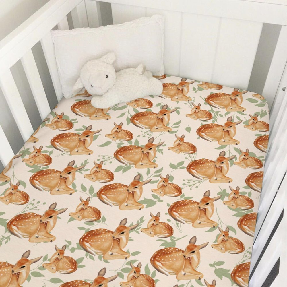 Cute Deer Green Leaves Baby Crib Sheets 52''x28'' Elk Stretchy Crib Mattress Cover for Boy Girl Baby Animal Soft Nursery Toddler Bed Sheet for Standard Crib and Toddler Mattress