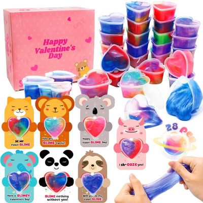 28Pcs Galaxy Slime Set, Cute Animals Cards Stress Relief Fidget Toys for Kids Valentines Day Classroom Gift Exchange, Easter Eggs Stuffer & Party Favors