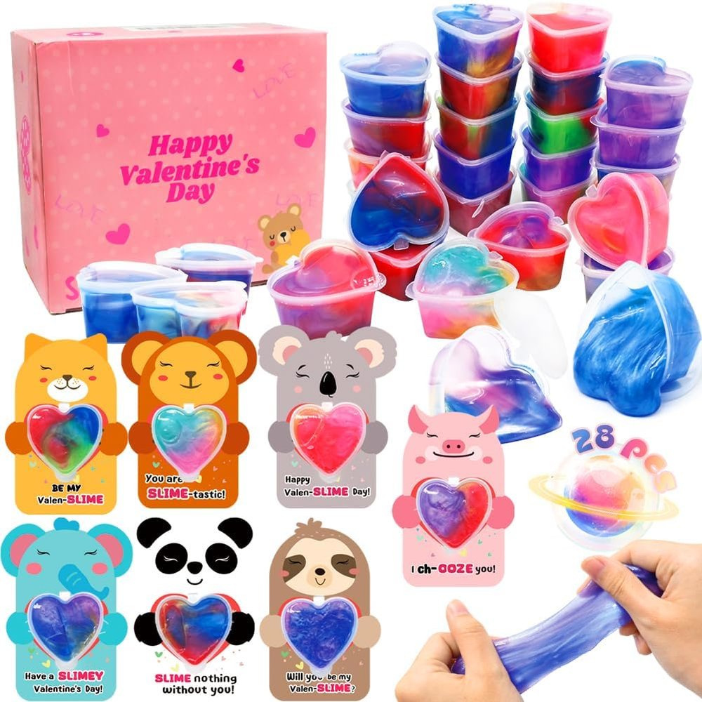 28Pcs Galaxy Slime Set, Cute Animals Cards Stress Relief Fidget Toys for Kids Valentines Day Classroom Gift Exchange, Easter Eggs Stuffer & Party Favors