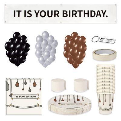 110 PCS It Is Your Birthday Banner Set, The Office Merchandise Banner with Metal Hanging Grommets, Balloons, Plates, Cups, Napkins,Streamer and Tape for Birthday Party Supplies Decorations