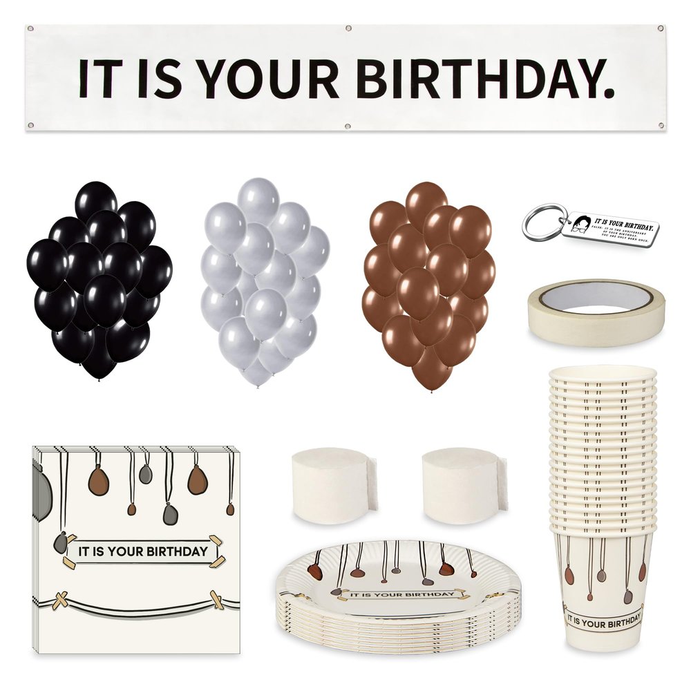 110 PCS It Is Your Birthday Banner Set, The Office Merchandise Banner with Metal Hanging Grommets, Balloons, Plates, Cups, Napkins,Streamer and Tape for Birthday Party Supplies Decorations