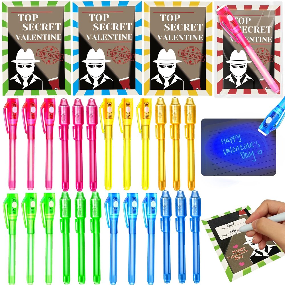 24 Pack Valentines Day Gifts for Kids 4-8 8-12 Invisible Ink Pen with Valentines Day Cards for Kids School Classroom ,Valentines Party Favors Spy Pen Magic Gifts for Class Boy Girl Exchange Prizes