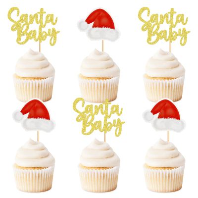 24Pcs Glitter Golden Santa Baby Cupcake Topper Christmas Hat Cupcake Decors