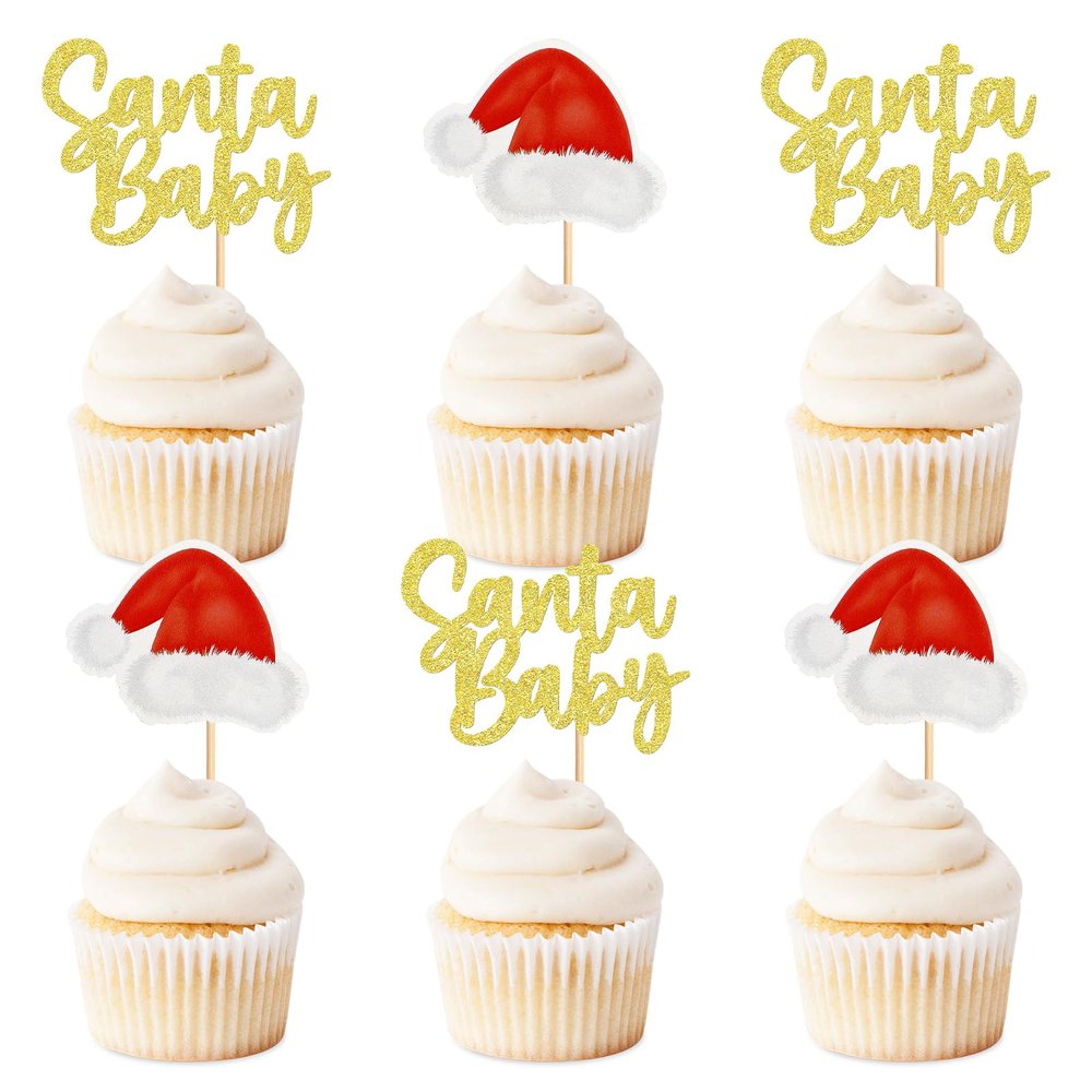 24Pcs Glitter Golden Santa Baby Cupcake Topper Christmas Hat Cupcake Decors