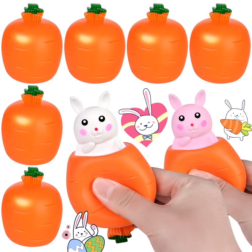 12 Pcs Easter Carrot Rabbit Fidget Toys, Rabbit Squeeze Ball for Kids Relieve Stress, Pop Up Toy for Easter Basket Stuffers