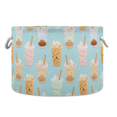 AMmao Sweet Bubble Milk Tea Pattern Toys Storage Bin with Cotton Rope Large Capacity Clothes Storage Baskets Laundry Hamper Holiday Ornament Box Organizer for Bedroom Bathroom Nursery
