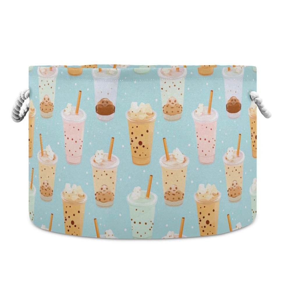 AMmao Sweet Bubble Milk Tea Pattern Toys Storage Bin with Cotton Rope Large Capacity Clothes Storage Baskets Laundry Hamper Holiday Ornament Box Organizer for Bedroom Bathroom Nursery