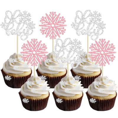 Gyufise 24Pcs Snowflake Oh Baby Cupcake Toppers Glitter Winter Frozen Them Cupcake Picks Baby Shower Cake Decorations for Snowflake Them Gender Reveal Christmas Kids Birthday Party Supplies Pink