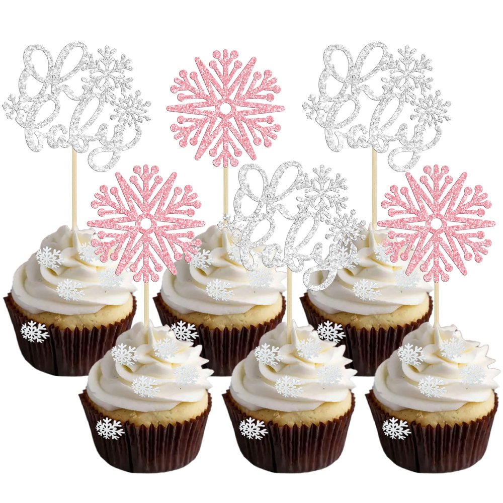 Gyufise 24Pcs Snowflake Oh Baby Cupcake Toppers Glitter Winter Frozen Them Cupcake Picks Baby Shower Cake Decorations for Snowflake Them Gender Reveal Christmas Kids Birthday Party Supplies Pink