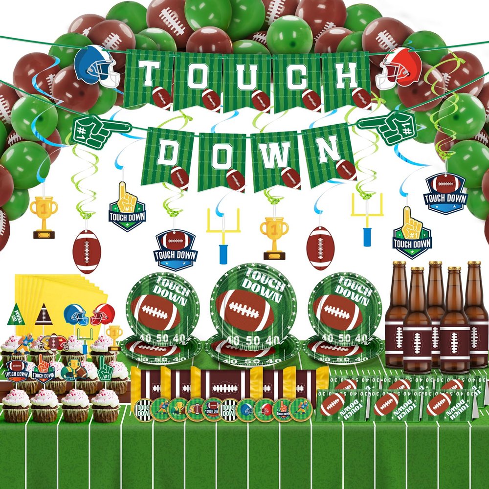 168 Pcs Football Party Decorations, 2026 Football Party Supplies, Includes Tablecloth, Plates, Napkin, Balloons and Banner for Football Birthday Party Gameday Decor