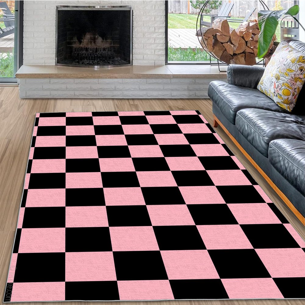 Washable Area Rug Living Room Rugs 5x5, Pink Plaid Printe Floor Carpets for Bedroom, Low Pile Non Slip Rug Home Office Nursery Play Mat
