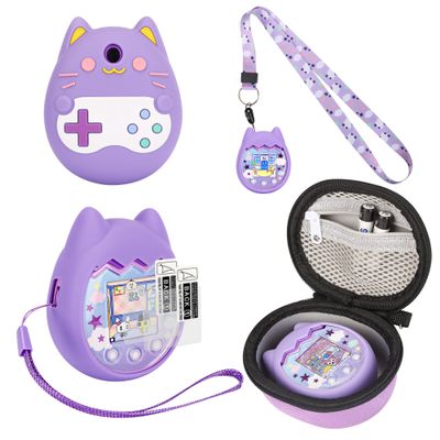 Meetikar Carrying Case and Silicone Cover Compatible with Tamagotchi Pix Virtual Pet Game Machine, (5-in-1) Silicone Cover for Tamagotchi Pix, with Finger Lanyard and Screen Protector (Purple)