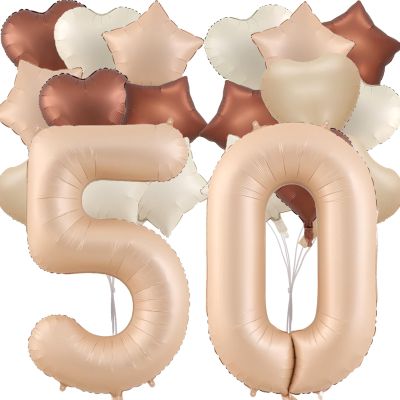 Fezava 20 Pcs 40 inch Number 50th Balloons, Cream, Caramel, Beige, Brown, Gold Foil Helium Star Heart Number Balloons for Kids, Unisex, Anniversary, Birthday Party Decoration