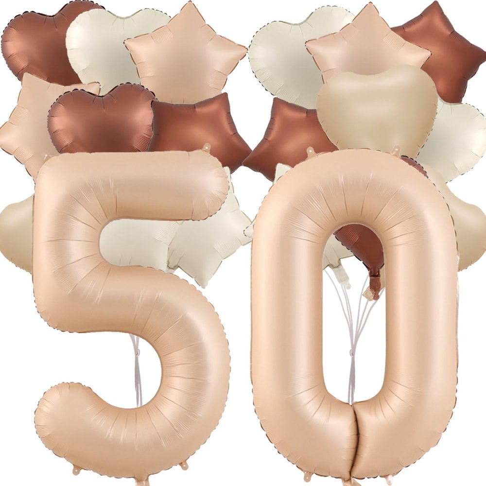 Fezava 20 Pcs 40 inch Number 50th Balloons, Cream, Caramel, Beige, Brown, Gold Foil Helium Star Heart Number Balloons for Kids, Unisex, Anniversary, Birthday Party Decoration