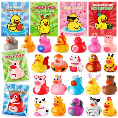 24 Pcs Rubber Ducks with Valentines Day Cards for Kids School Classroom, Valentines Theme Rubber Ducks in Bulk, Valentines Day Gifts for Kids Classroom Exchange Prizes, Valentines Day Party Favors