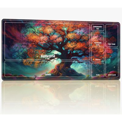 Playmat with Zones for MTG Magic The Gathering, 24 x 14 inches Stitched TCG Card Play Mat Commander Board Game Mats Smooth Rubber Surface Battle Game Desk Mat, Fantasy Tree