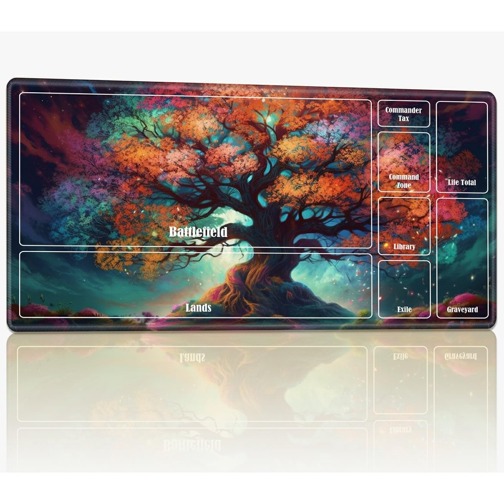 Playmat with Zones for MTG Magic The Gathering, 24 x 14 inches Stitched TCG Card Play Mat Commander Board Game Mats Smooth Rubber Surface Battle Game Desk Mat, Fantasy Tree