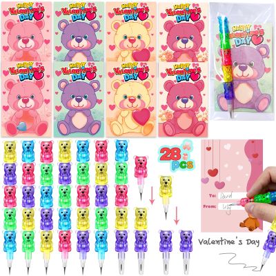 28 Pack Valentines Day Gifts for Kids Classroom Include Valentines Day Cards & School 5 in 1 Stacking Bear Pencils Kids Stationery for Classroom School Valentines Party Favors Valentine Exchange Gifts