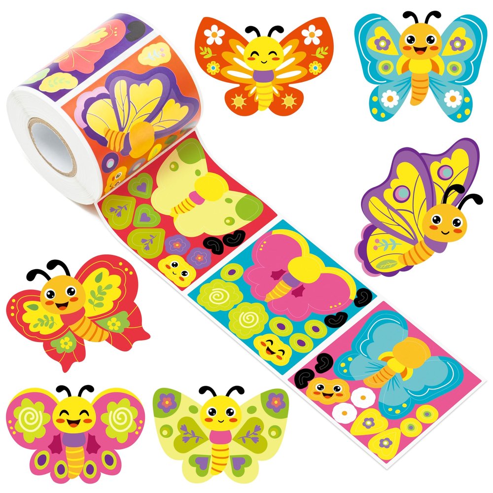 Haooryx DIY Butterfly Stickers Rolls - 300 Pcs Butterfly Waterproof Vinyl Reusable Laptop Stickers Coloring Book Scrapbook Water Bottle Page Activity Pad Hello Spring Birthday Party Favors Skateboard