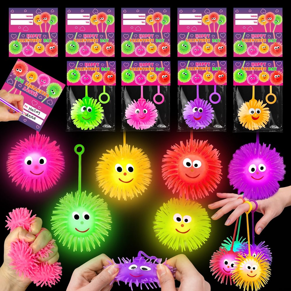 24Pack Light Up Balls Valentines Day Gifts for Kids Teens Light Up Party Favors for Kids Boys Girls Classroom Valentines Goodie Bags Prizes Stuffers LED Puffer Balls Bulk Toys Classroom Party Supplies