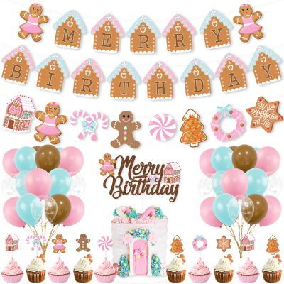 K KUMEED Christmas & Birthday Decorations - Pink Gingerbread Man Merry Birthday Theme Banner, Candy House Cake Topper & Latex Balloons for Boys & Girls Parties