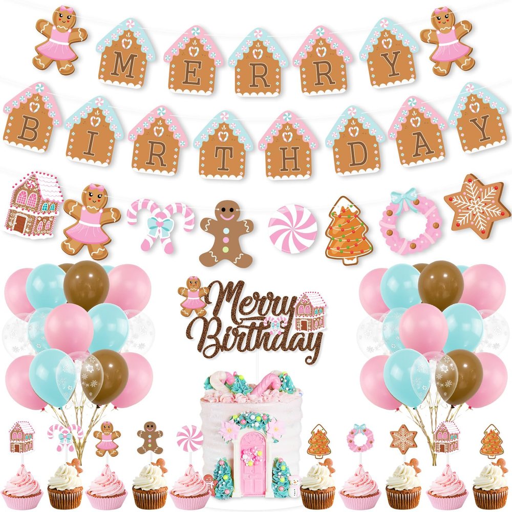 K KUMEED Christmas & Birthday Decorations - Pink Gingerbread Man Merry Birthday Theme Banner, Candy House Cake Topper & Latex Balloons for Boys & Girls Parties