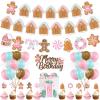 K KUMEED Christmas & Birthday Decorations - Pink Gingerbread Man Merry Birthday Theme Banner, Candy House Cake Topper & Latex Balloons for Boys & Girls Parties view 1