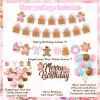 K KUMEED Christmas & Birthday Decorations - Pink Gingerbread Man Merry Birthday Theme Banner, Candy House Cake Topper & Latex Balloons for Boys & Girls Parties view 2