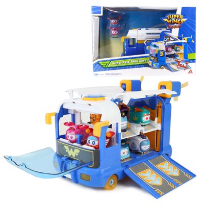 Super Wings Season 7 New Super Pets' Mini BaseTransforming Playset from Bus to Aircraft, with Super Pet Jett & Dizzy, Role Play Toys for Kids, Gifts for Girls Boys Age 3+