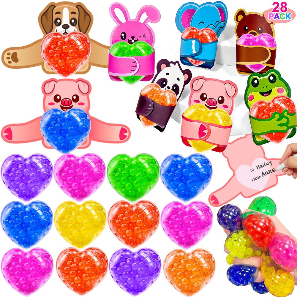 28 Pack Valentines Day Gifts for Kids with Colorful Heart Stress Balls Valentines Day Cards for Kids School Stress Relief Squeeze Toys for Teens Boys Girls Valentine Classroom Exchange Party Favors