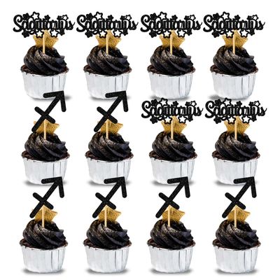 12Pcs Sagittarius Cake Topper, Big Sagittarius Energy/Sagittarius Season, 12 Constellation December November Birthday Cupcake Decoration, Horoscope Astrology Birthday Party Supplies, Black Glitter