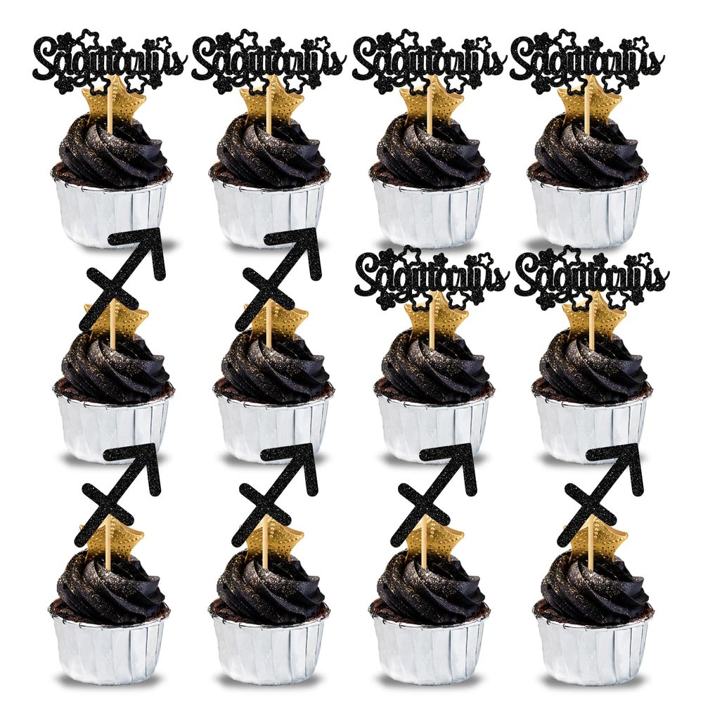 12Pcs Sagittarius Cake Topper, Big Sagittarius Energy/Sagittarius Season, 12 Constellation December November Birthday Cupcake Decoration, Horoscope Astrology Birthday Party Supplies, Black Glitter