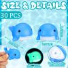 RoundFunny 30 Pcs Whale Rubber Bath Toys Glow in The Dark Mini Sea Animal Blue Squeezable Squeak Toys for Beach Pool Shower Play Floating Favors Carnival Decoration view 2