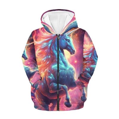 Animepark Cute Girls 8-10Y Hoodies Zipper Galaxy Unicorn Graphic Long Sleeve School Clothes Pocket Sweatshirts Loose Outfits Winter Party
