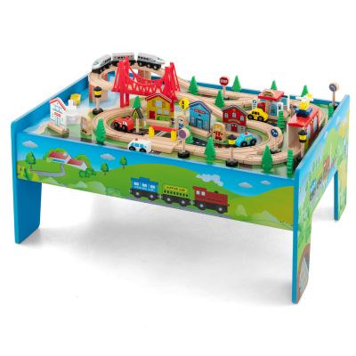 HONEY JOY Train Table, Wooden Kids Activity Table w/ 80 Multicolor Pieces, Tracks, Trains, Cars, Toddler Toy Train Table Set w/Reversible Tabletop, Gift for Boys Girls Ages 18 Months+ (Blue)