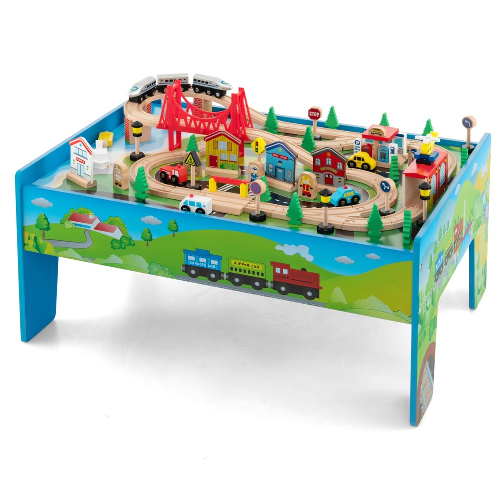 HONEY JOY Train Table, Wooden Kids Activity Table w/ 80 Multicolor Pieces, Tracks, Trains, Cars, Toddler Toy Train Table Set w/Reversible Tabletop, Gift for Boys Girls Ages 18 Months+ (Blue)