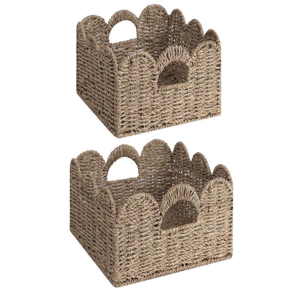 StorageWorks Scalloped Wicker Basket, Hand-woven Rattan Baskets with Built-in Handles, Seagrass Basket for Organizing and Decor, 2 Pack