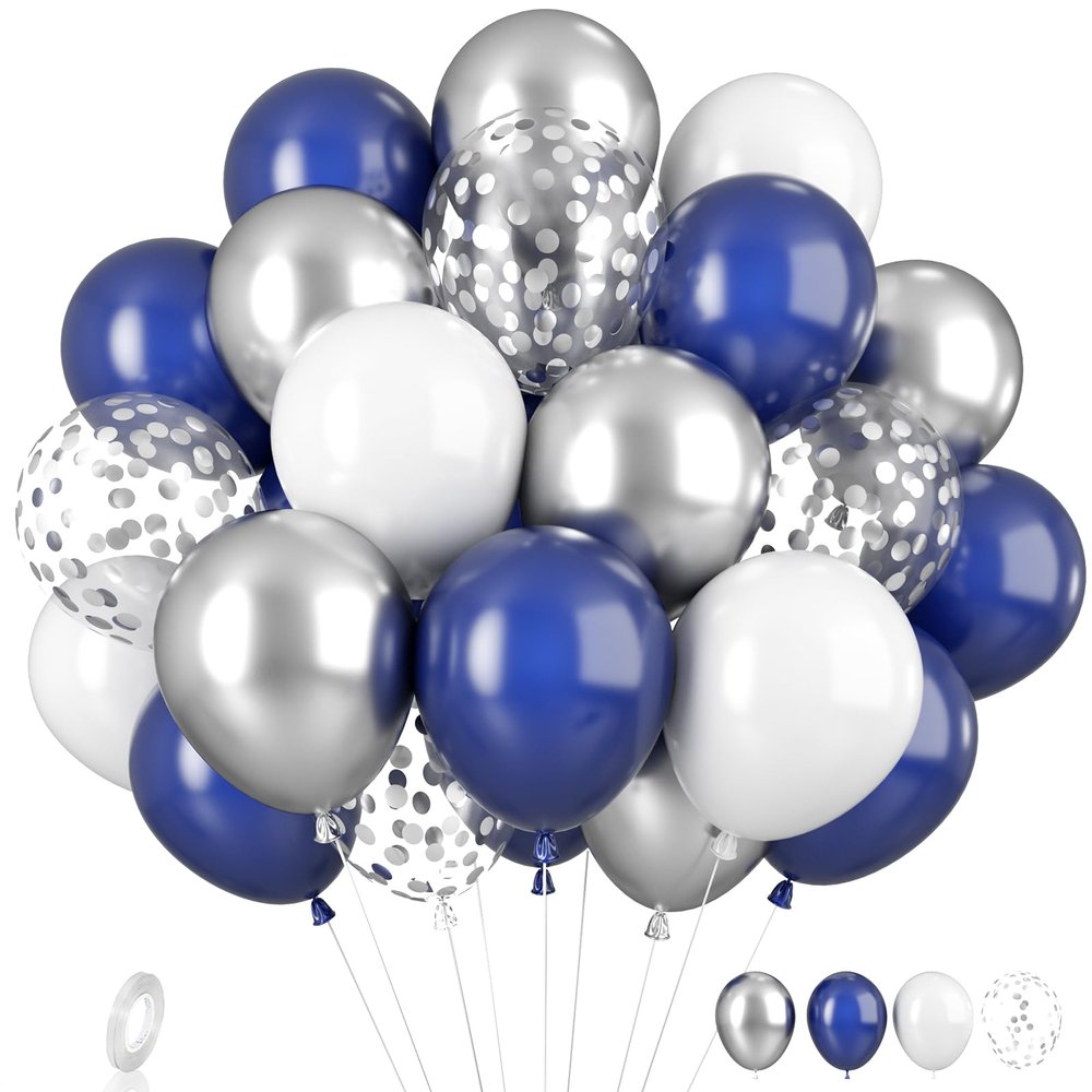 Navy Blue and Silver Balloons, Blue and Silver Balloons, Silver Confetti Balloons Navy Blue White Latex Balloon for Boys Birthday Baby Shower, Wedding Anniversary Party Supplies
