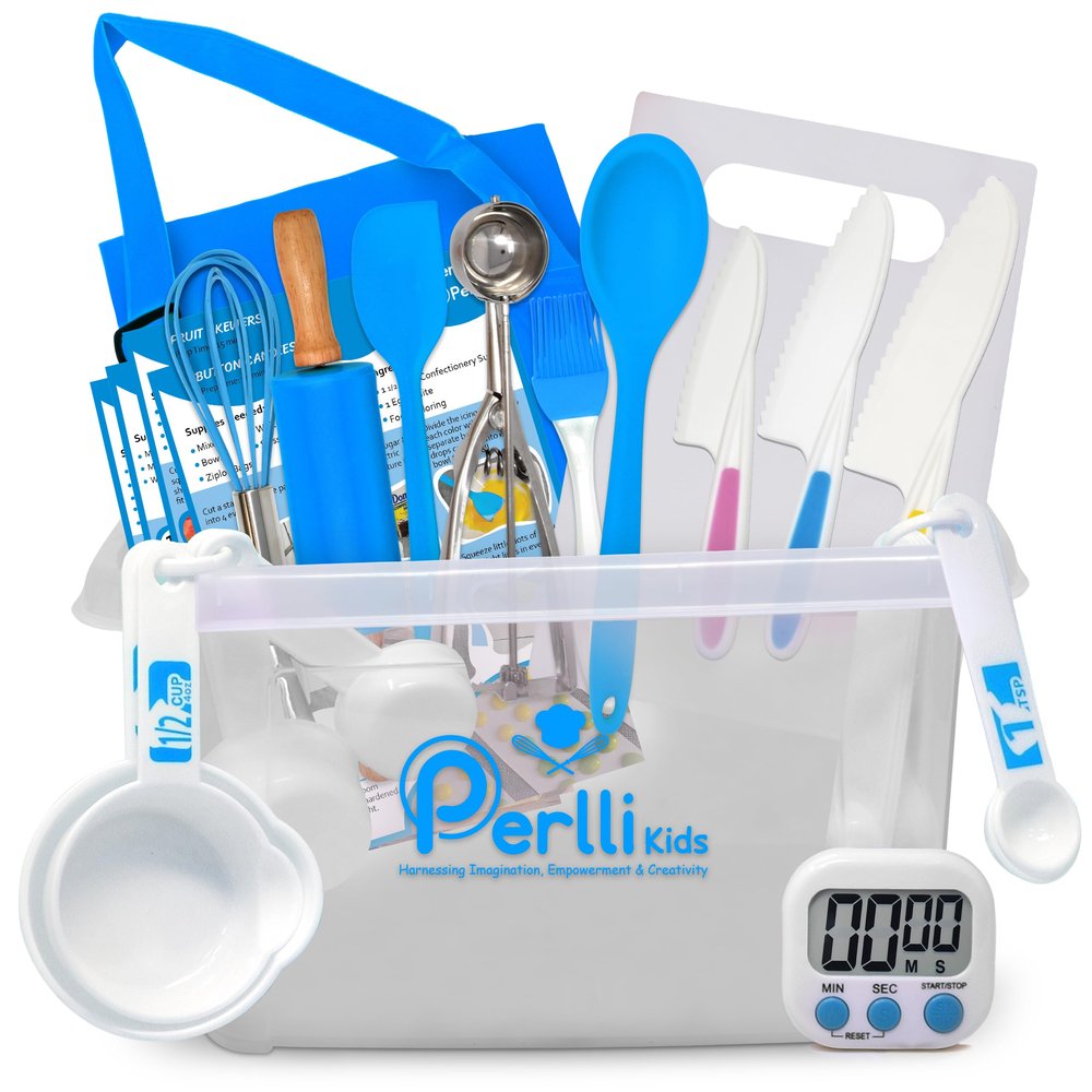 PERLLI Kids Real Cooking Set for Cooking and Baking 31 Pc. Gift for Junior Chef with Real Utensils, Case & Safe Kids Knife Set for Boys & Girls Fine Motor Skills & Fun for Children Ages 6+, Blue