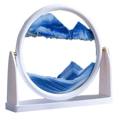 10inch Sand Art Liquid Motion, Moving Sand Art, 360 Rotate Desk Art Deep Sea Sandscape Room Decoration, Glass Crafts Home Office Work Decor (Color : Blue, Size : White Frame)