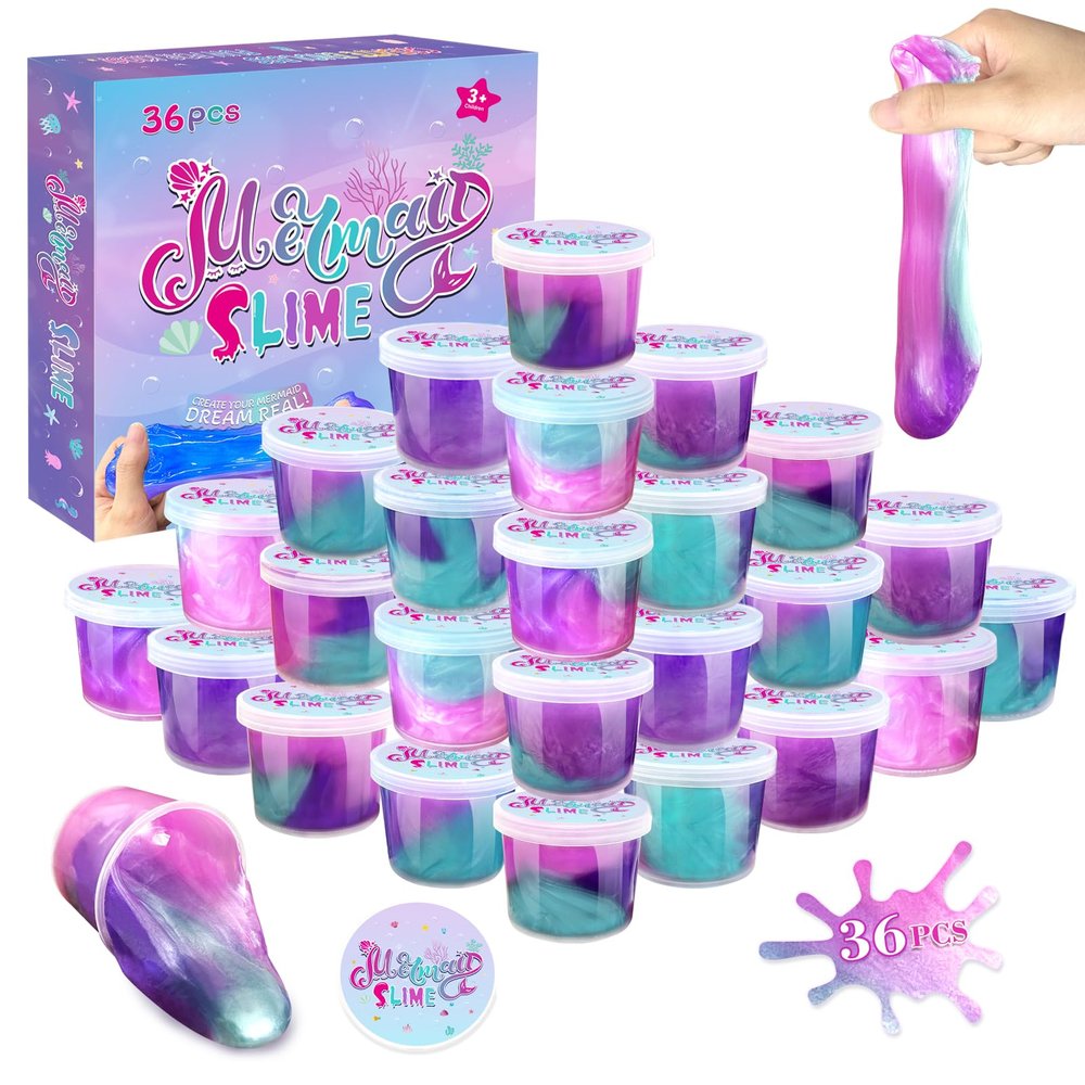 36 Pack Mermaid Slime Kit Party Favors for Kids Slime Cup Bulk DIY Stress Relief Putty Toy Christmas Holiday Birthday Goodie Bag Stuffer Classroom Reward for Girls Boys Stretchy Non-Sticky