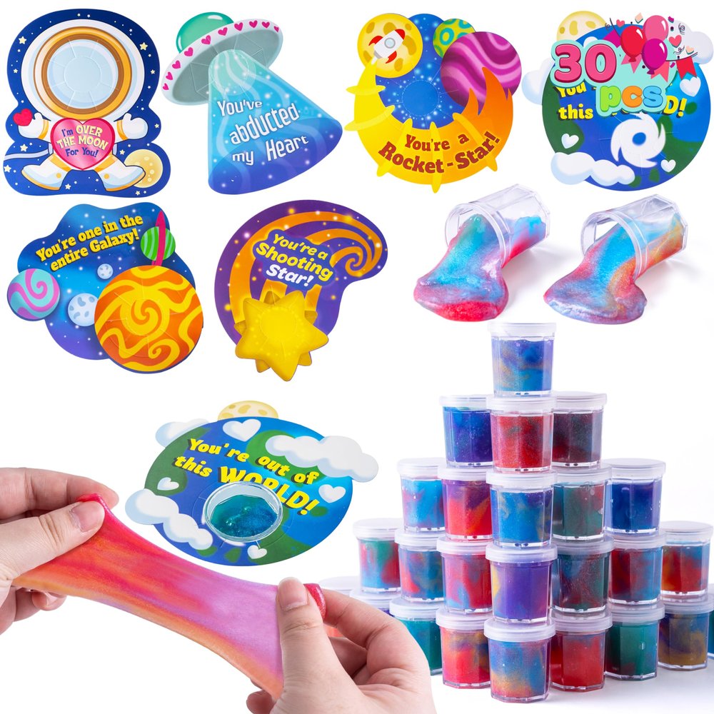 JOYIN 30 PCS Valentine Day Gift Cards with Galaxy Slime Stress Relief Fidget Toy for Kids Party Favor, Classroom Exchange Prizes, Valentines Party Favors, Greeting Cards