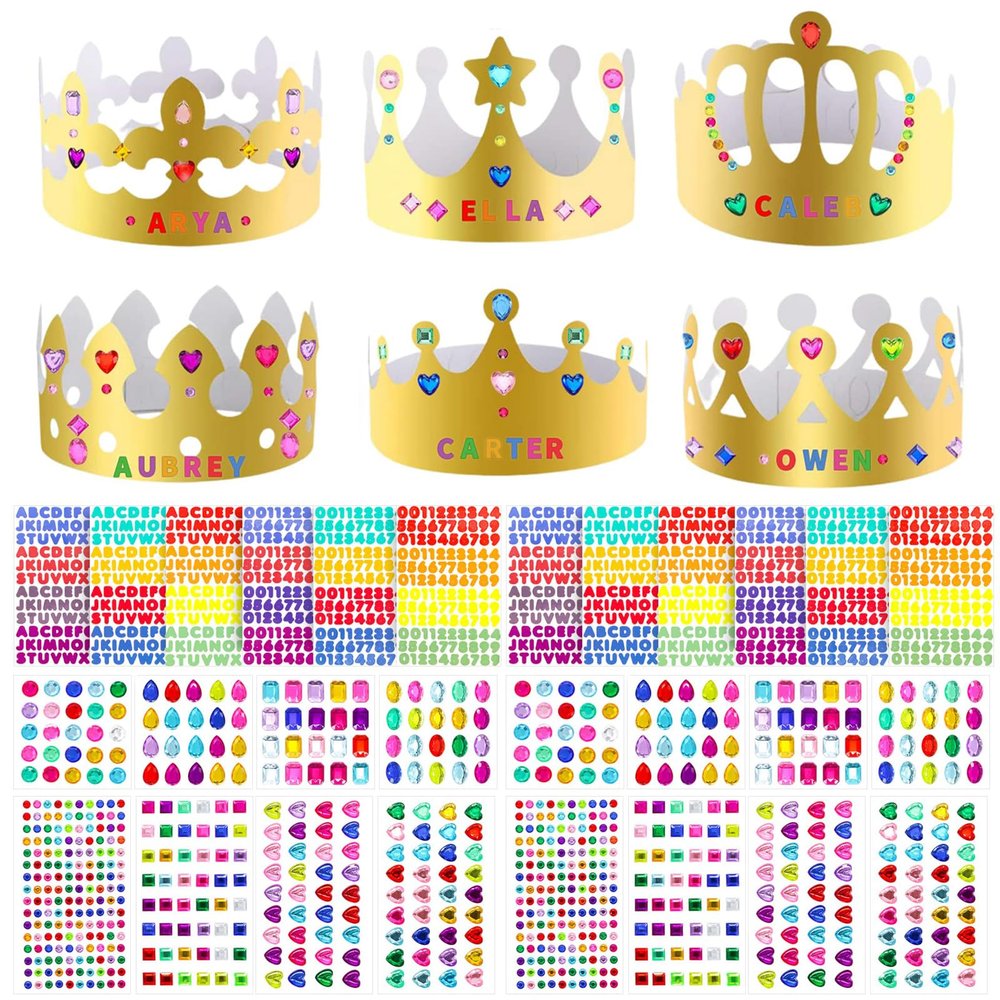 Axeyil 76 Pcs Paper Crowns for Kids Boys Girls Adults Princess Prince King, Classroom Crown, Birthday Party Hats with Gold Gem Jewels Number Letter Stickers, DIY Decor Favor Supplies