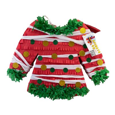 APINATA4U Ugly Sweater Pinata, Red and Green Color with Dots & Ribbon, End of Year Sweater Party Decorations, Jersey Shaped Christmas Party Supplies, Holiday Celebration Pinata, 20 X 16 X 4 Inches