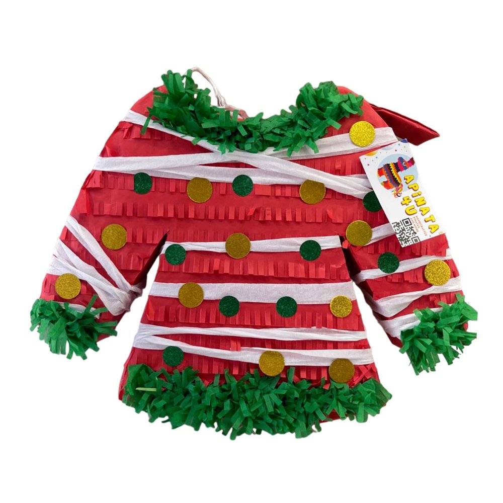 APINATA4U Ugly Sweater Pinata, Red and Green Color with Dots & Ribbon, End of Year Sweater Party Decorations, Jersey Shaped Christmas Party Supplies, Holiday Celebration Pinata, 20 X 16 X 4 Inches
