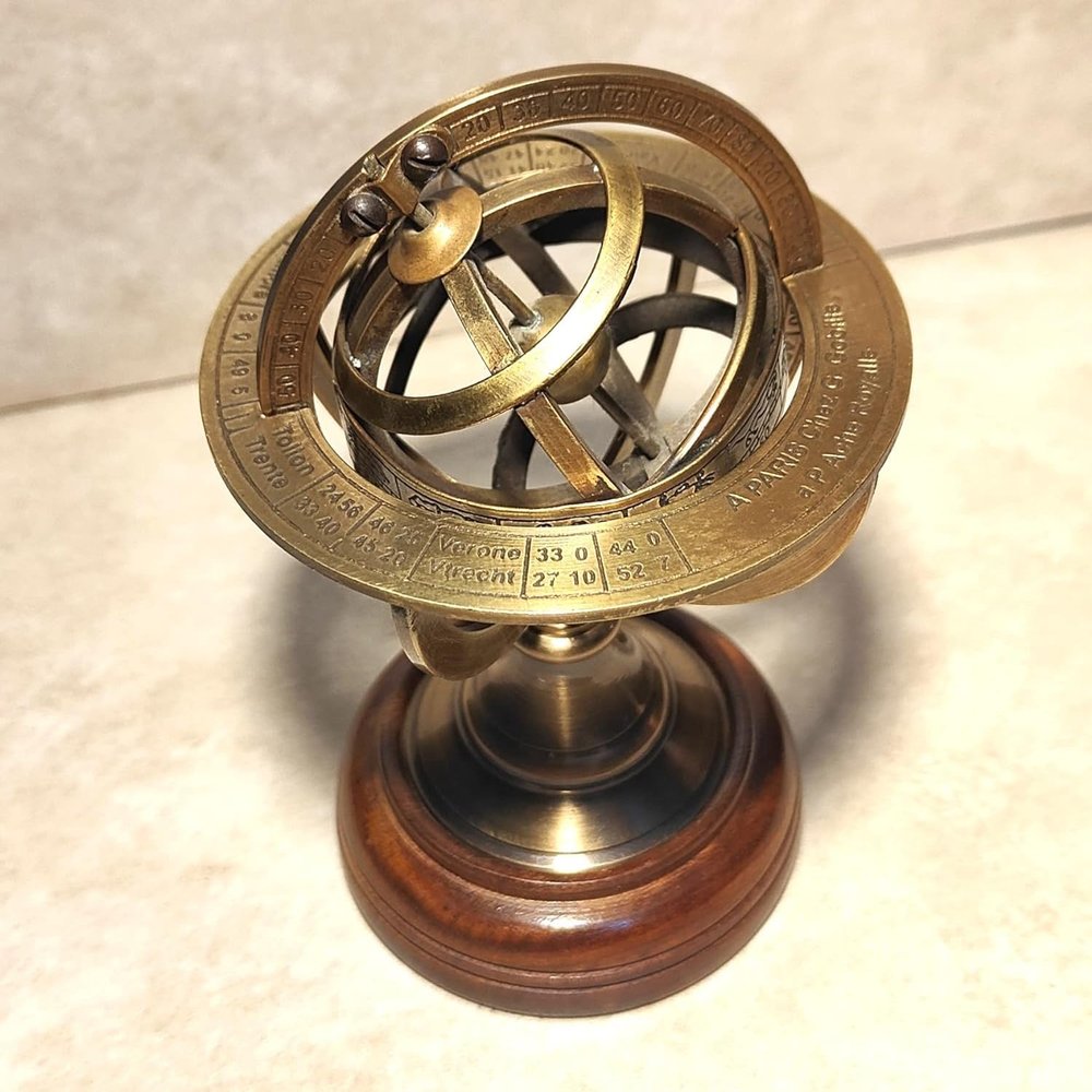 Antique Brass 6" Decorative Armillary Sphere Globe Astrolabe Zodiac Engraved Globe With Wooden Base For Home & Office Decor