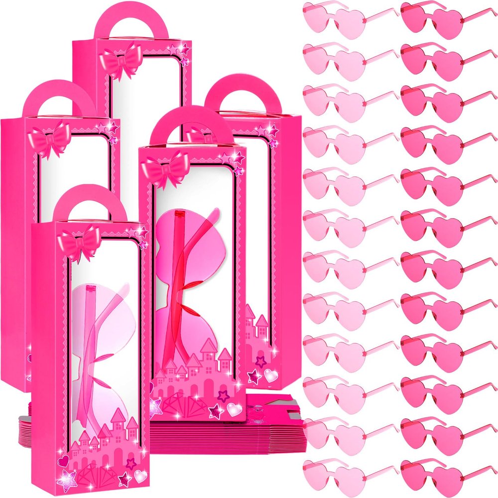 Copkim 48 Pcs Pink Doll Gift Boxes Includes 24 Party Favor Boxes and 24 Heart Sunglasses for Princess Birthday Party Decoration